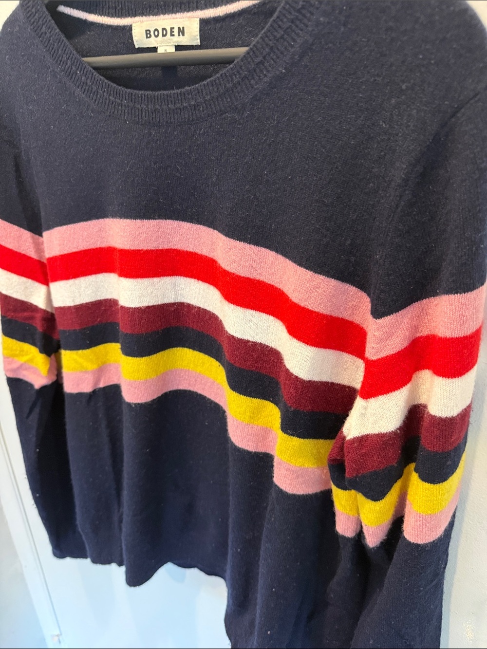 Boden cashmere Navy Crewneck Sweater with Pink, Red and Yellow Stripes - Picture 3 of 5